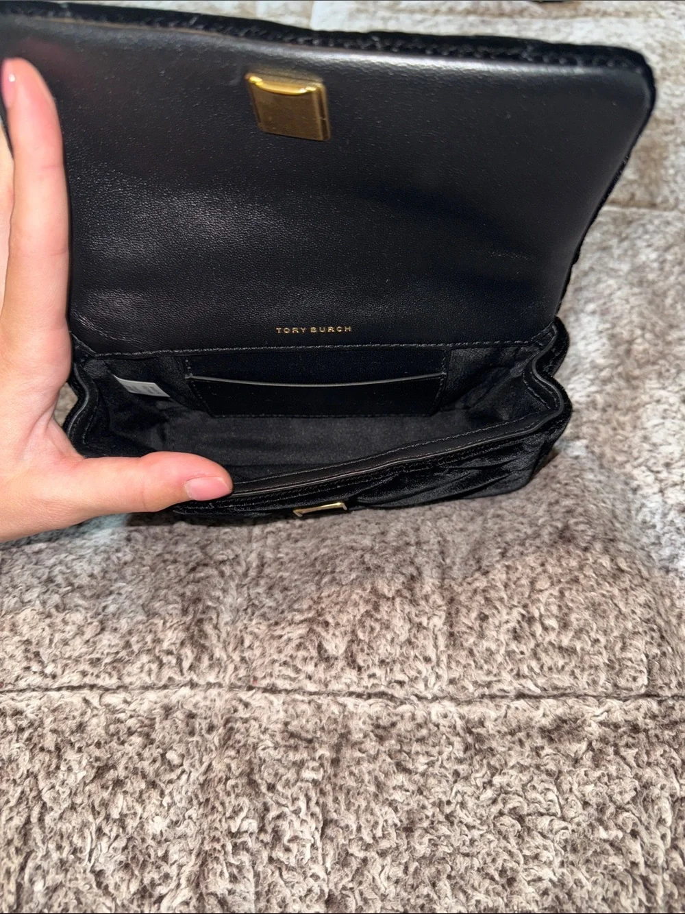 Tory Burch Black Velvet Quilted Crossbody with Gold Chain